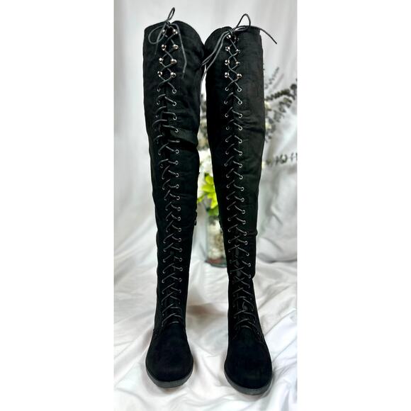 Tall Talk Flat Lace Up Over the Knee Boot - Black 10 - Picture 10 of 16